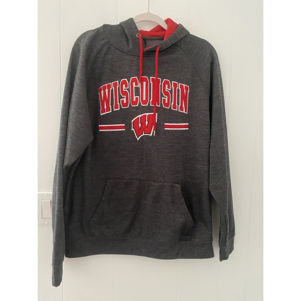 Wisconsin Badgers Arch & Logo 3.0 Pullover Hoodie Colosseum Mens L Charcoal Gray